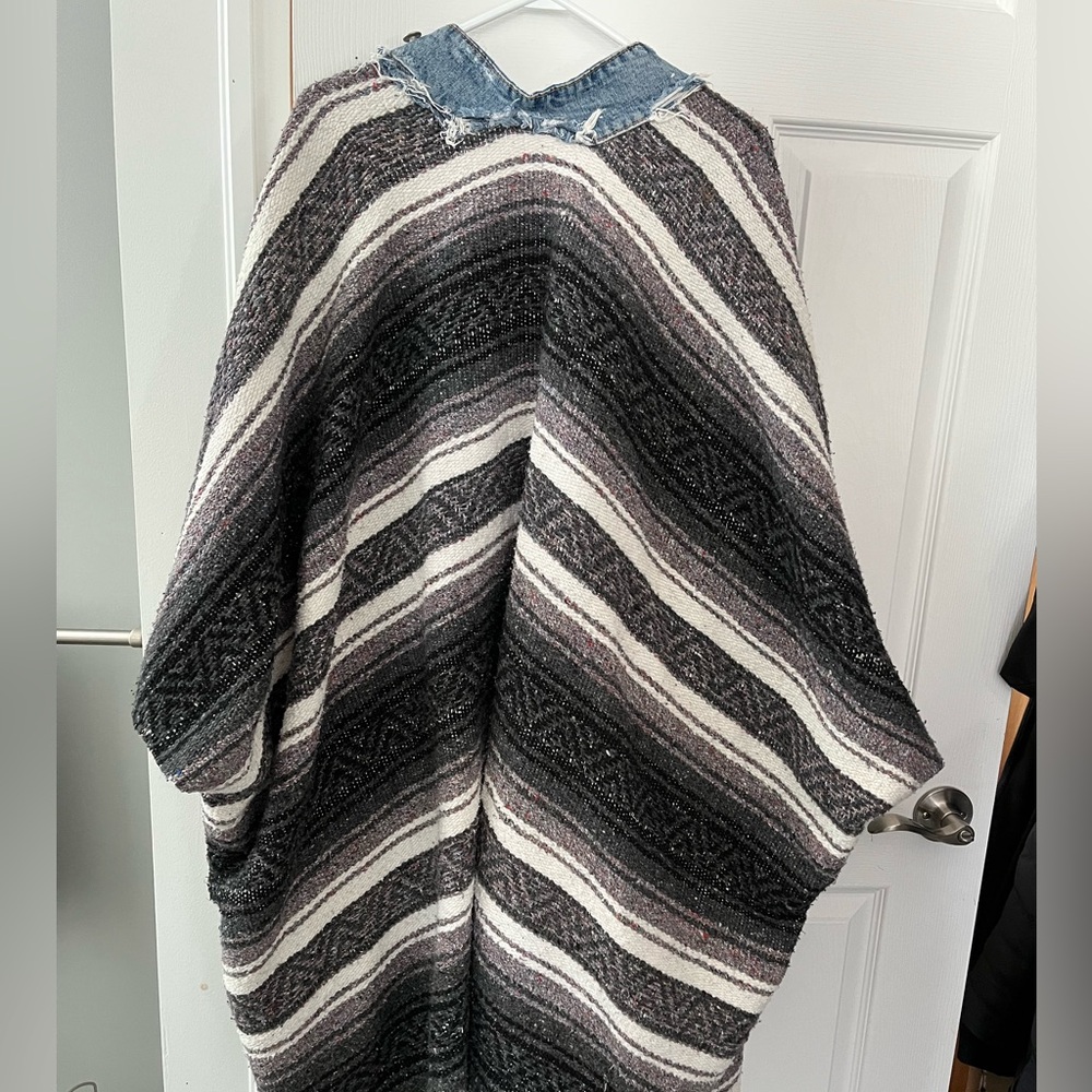 Boho Baja Poncho Sweater with Denim Trim & Fringe | Oversized Blanket Cardigan - Picture 5 of 6